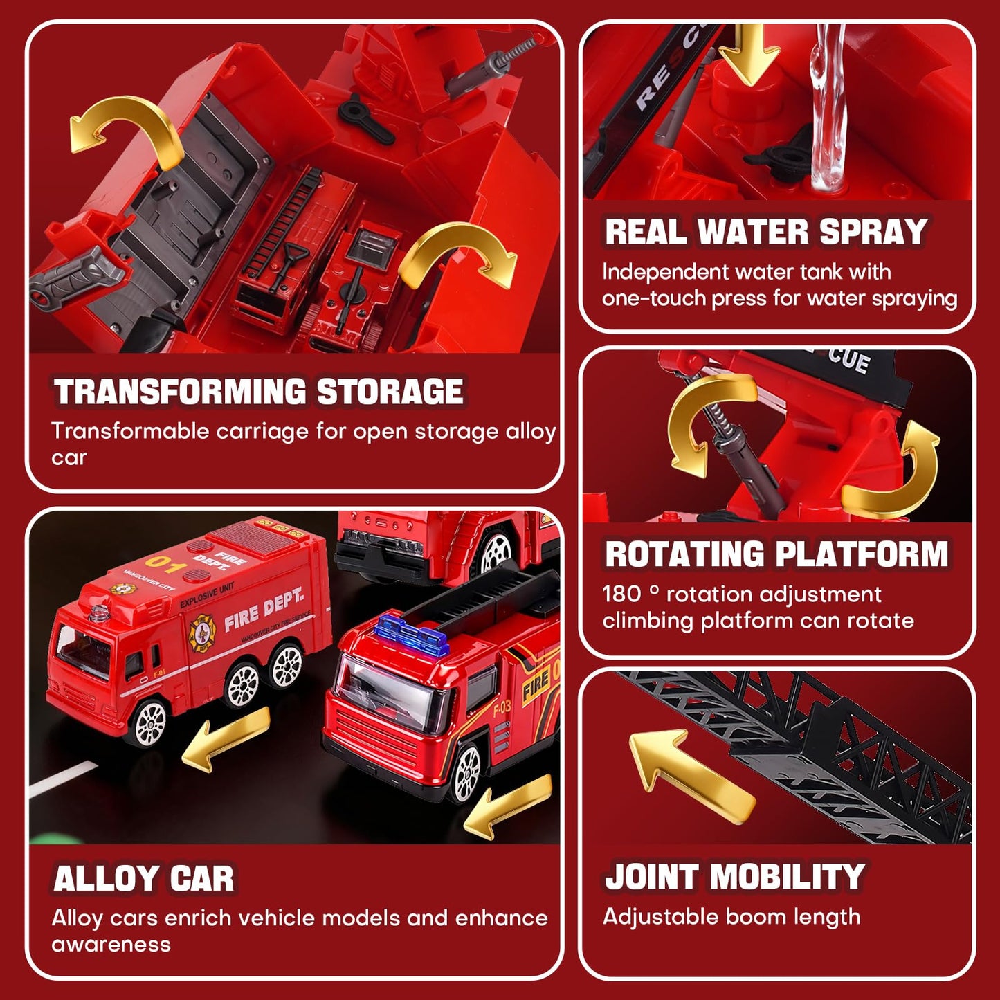 LESSETI Fire Truck Toy with Water-Spraying, Lights & Sirens for Kids, Includes Large Parking Garage, 4 Mini Vehicles, Launching Tracks, Action Figures & Traffic Signs