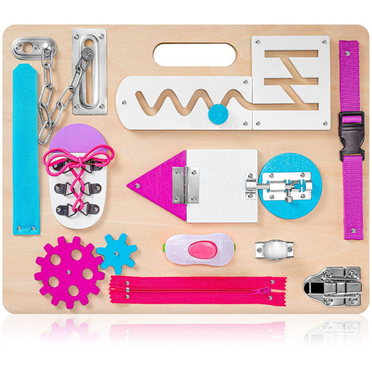 Montessori Busy Board for Toddlers, Wooden Sensory Toys, Kids 1-3 Travel Toy, Preschool Learning Activities for Fine Motor Skills, Basic Life Skills Educational Gifts for 1 2 3 Years Old Girls (Pink)