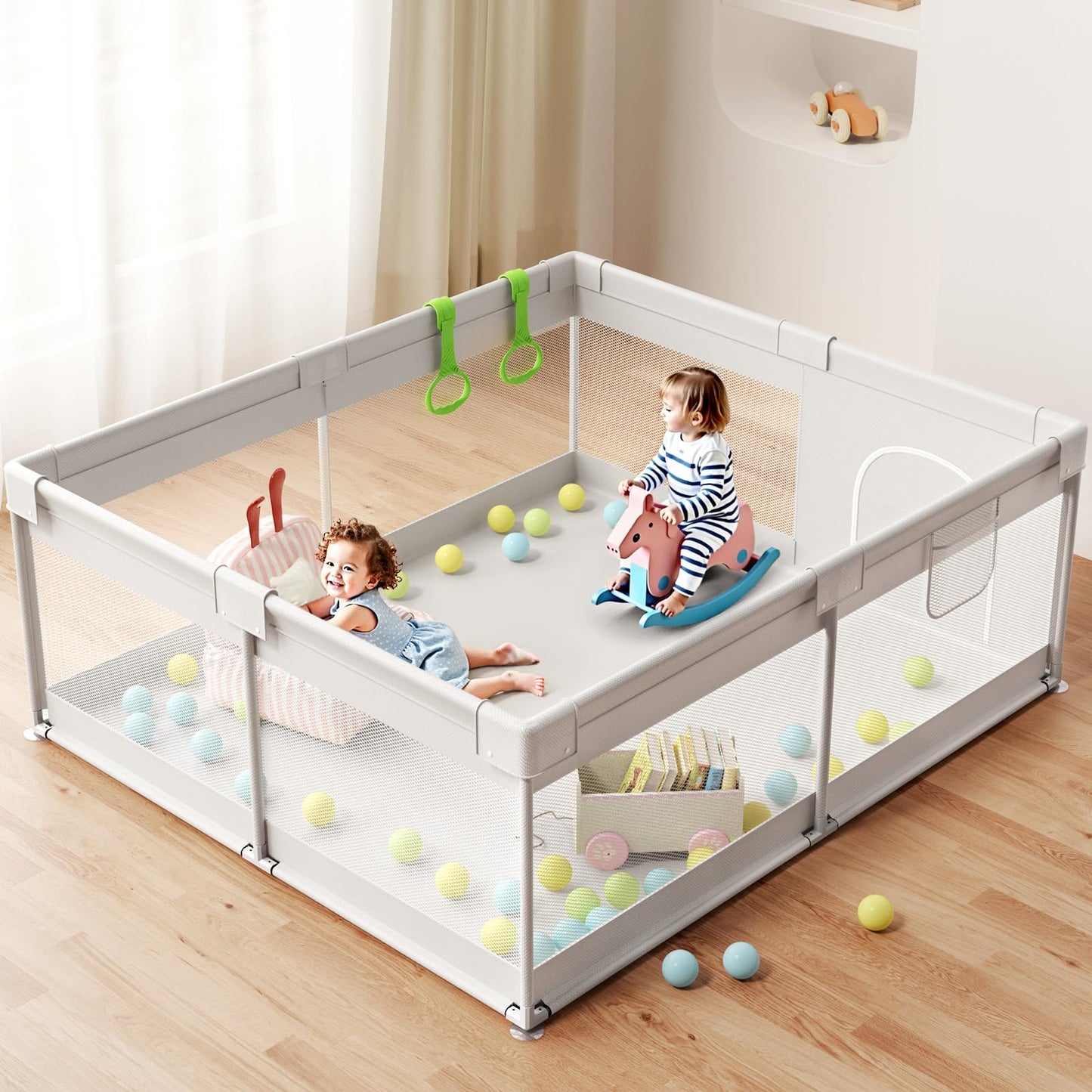ZEEBABA Extra Large Baby Playpen - Playpen for Babies and Toddlers, Play Pen with Gate, Play Yard Baby Fence Play Area Zone Indoor, Sturdy Kids Play Pin (Gray, 69×59in)