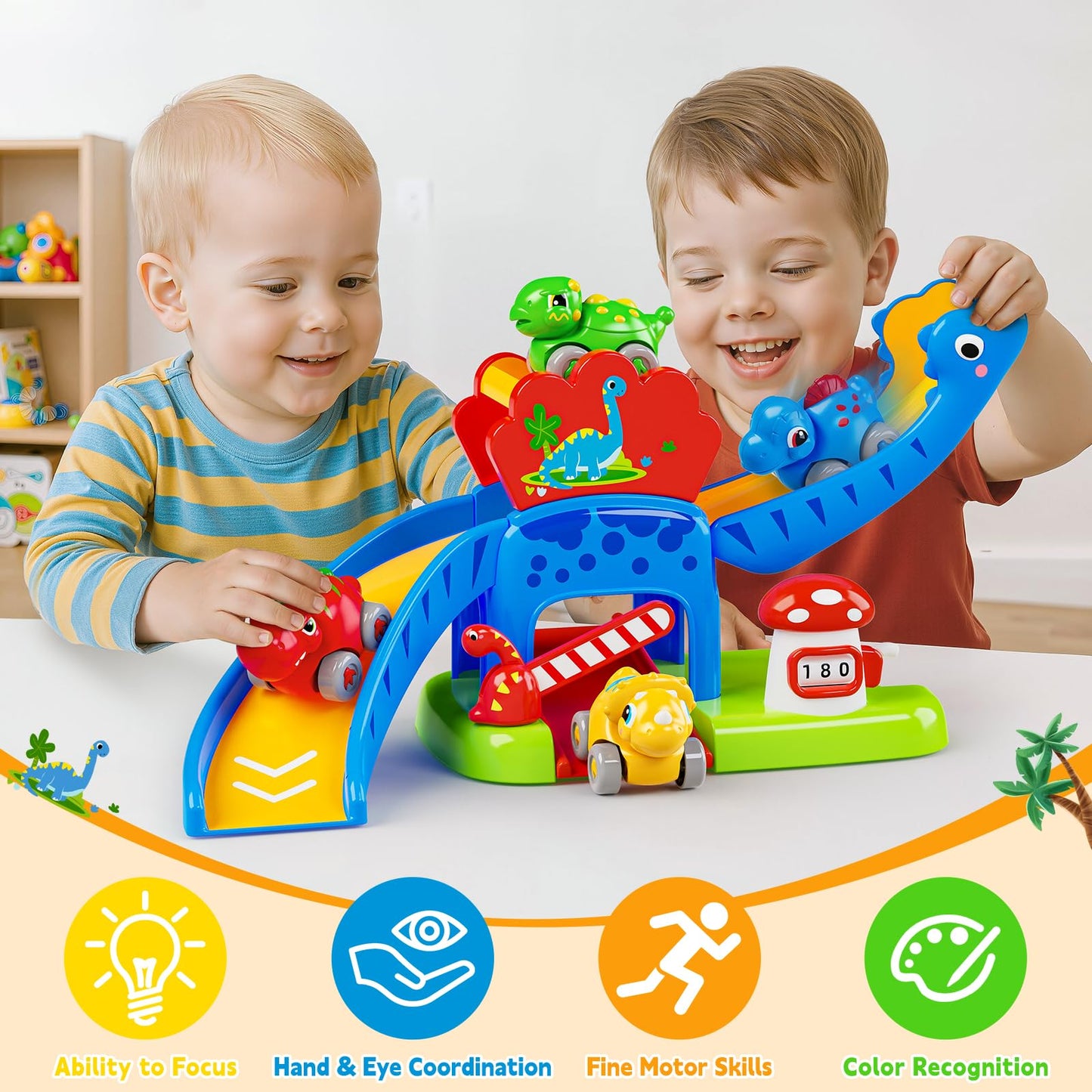 Toddler Toys Gifts for 1 2 Year Old Kids, Educational Dinosaur Slide Toy with 4 Cars for 12-18 Months Baby, First Birthday Chirstmas Gifts for Aged 1-3 Year Old, Push Car Track Toy for Boys Girls