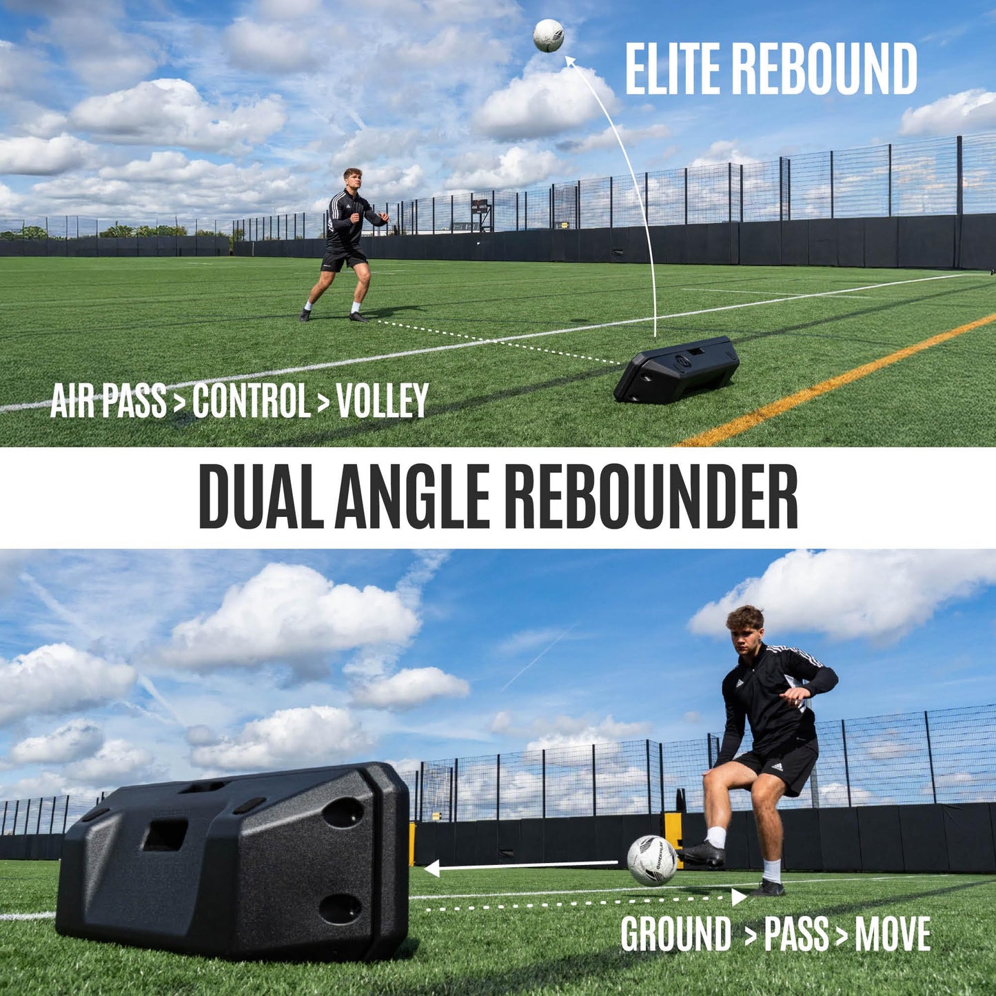 QUICKPLAY Replay Boombox Soccer Rebound Board - Portable Dual Surface Rebounder with Adjustable Angle - Soccer Training Equipment for Control, Passing Practice