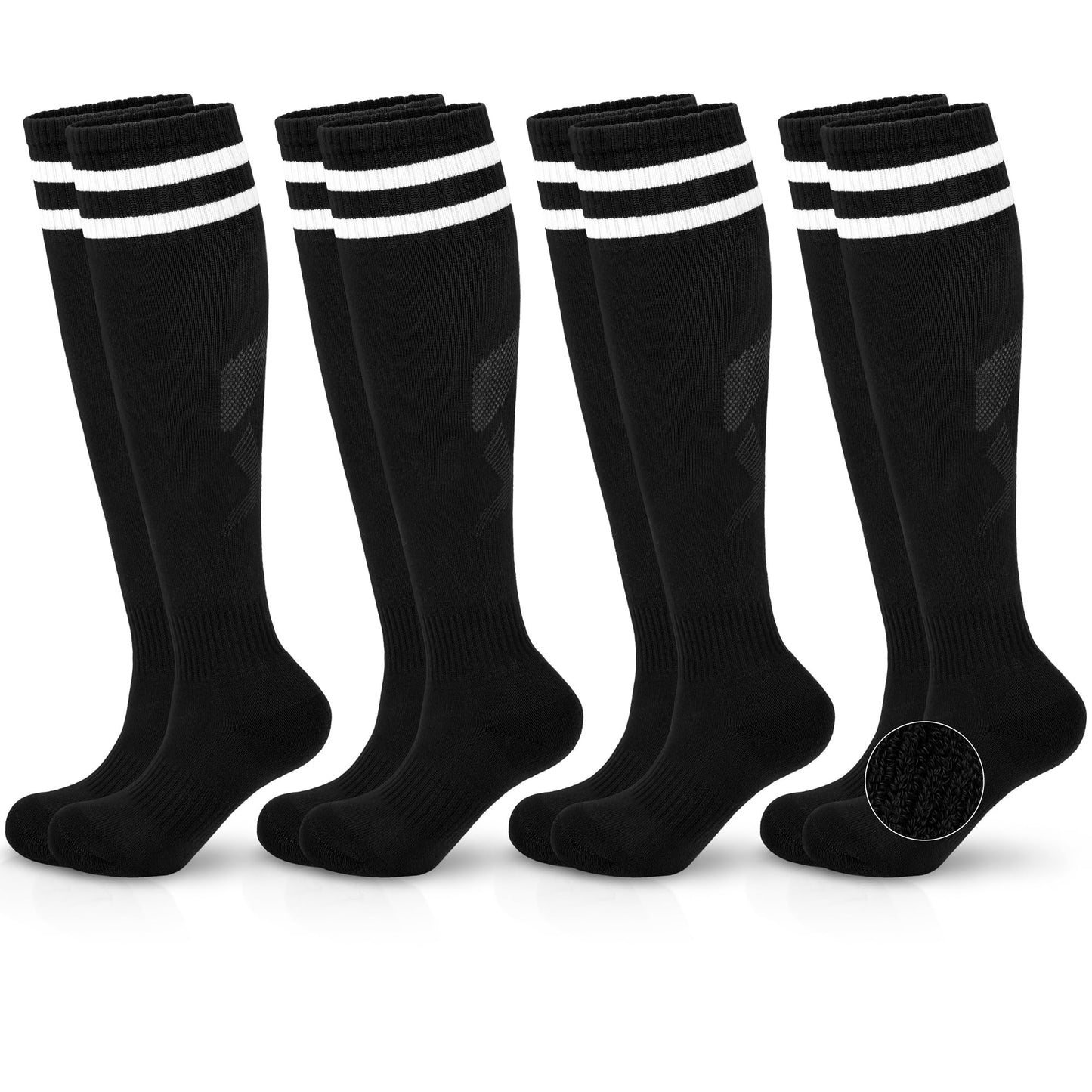 Hryrbay 4 Pairs Kids Cotton Soccer Socks Cushion Striped Baseball Uniform Boys World Cup Sock Toddler Girls Knee High Socks (Black,3-6 Years)
