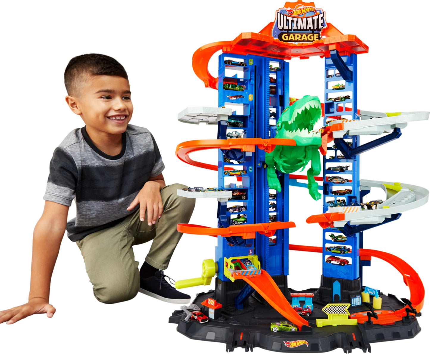 Hot Wheels City Robo T-Rex Ultimate Garage Multi-Level Multi-Play Mode Stores 100 Plus 1:64 Scale Cars Gift idea for Kids 3 and Older (Amazon Exclusive)