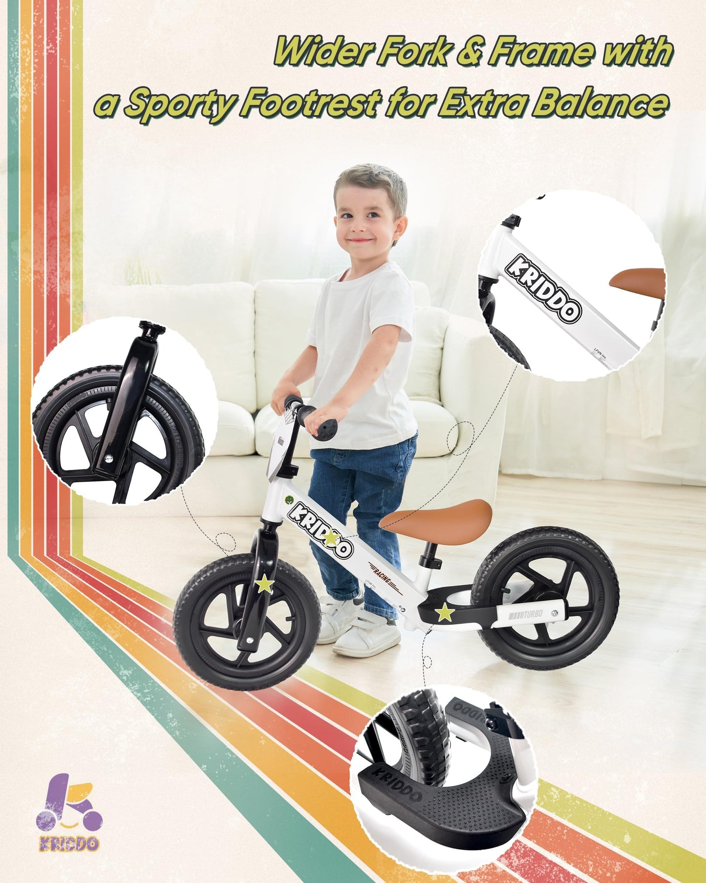 KRIDDO Balance Bike 2 Year Old, Toddler Balance Bike for Kids Aged 2-5, with DIY Colorful Stickers, Non-Slip Sporty Footrest, Racing-Style Frame, Gift for 2-4 Boys and Girls, White