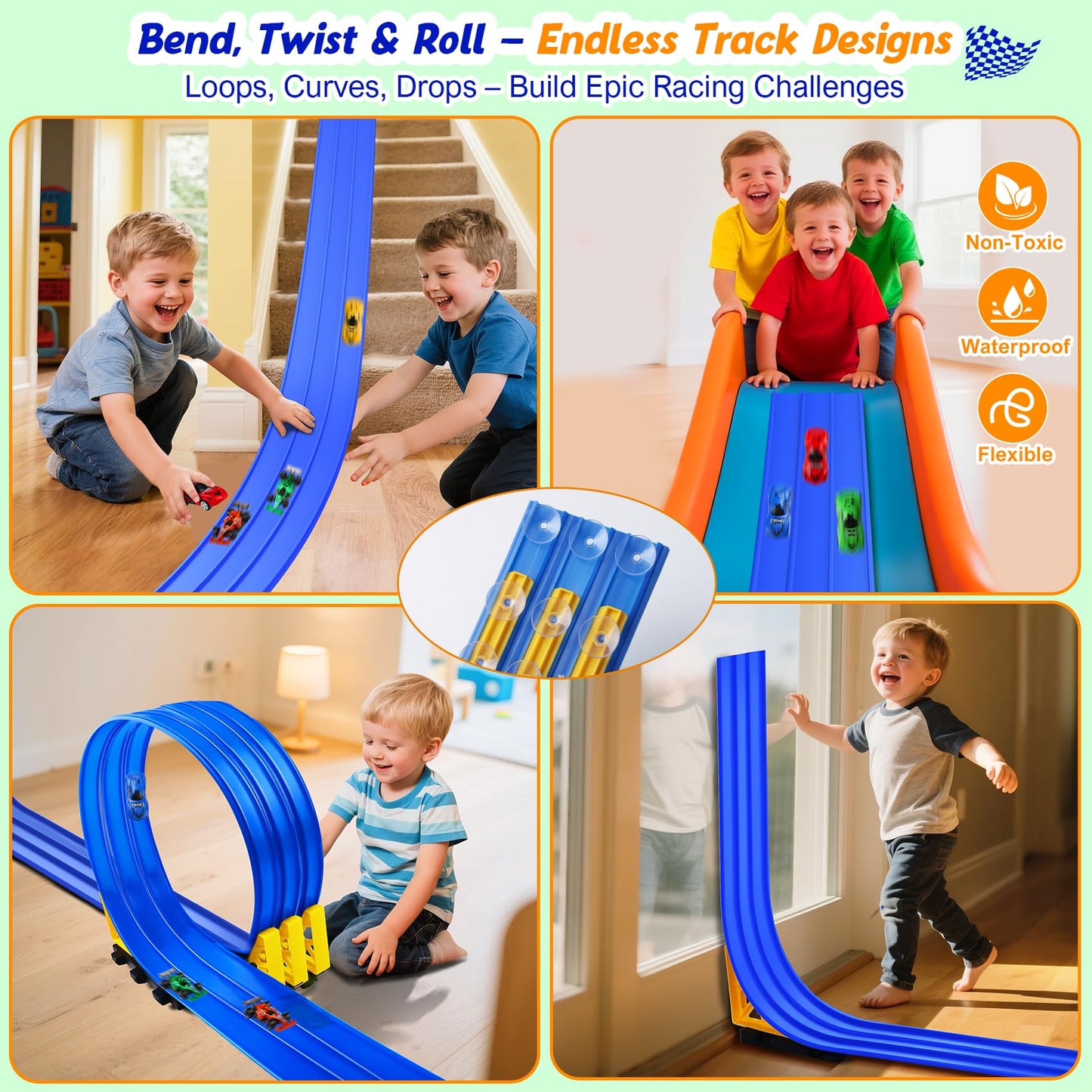 3-Lane Flexible Race Track for Kids: 15ft DIY Bendable Ramp with Suction Cups – Portable Roll-Up Car Track for Kids Compatible with 1:64 Diecast Cars – Easter Birthday Gift for Boys Girls Ages 3+
