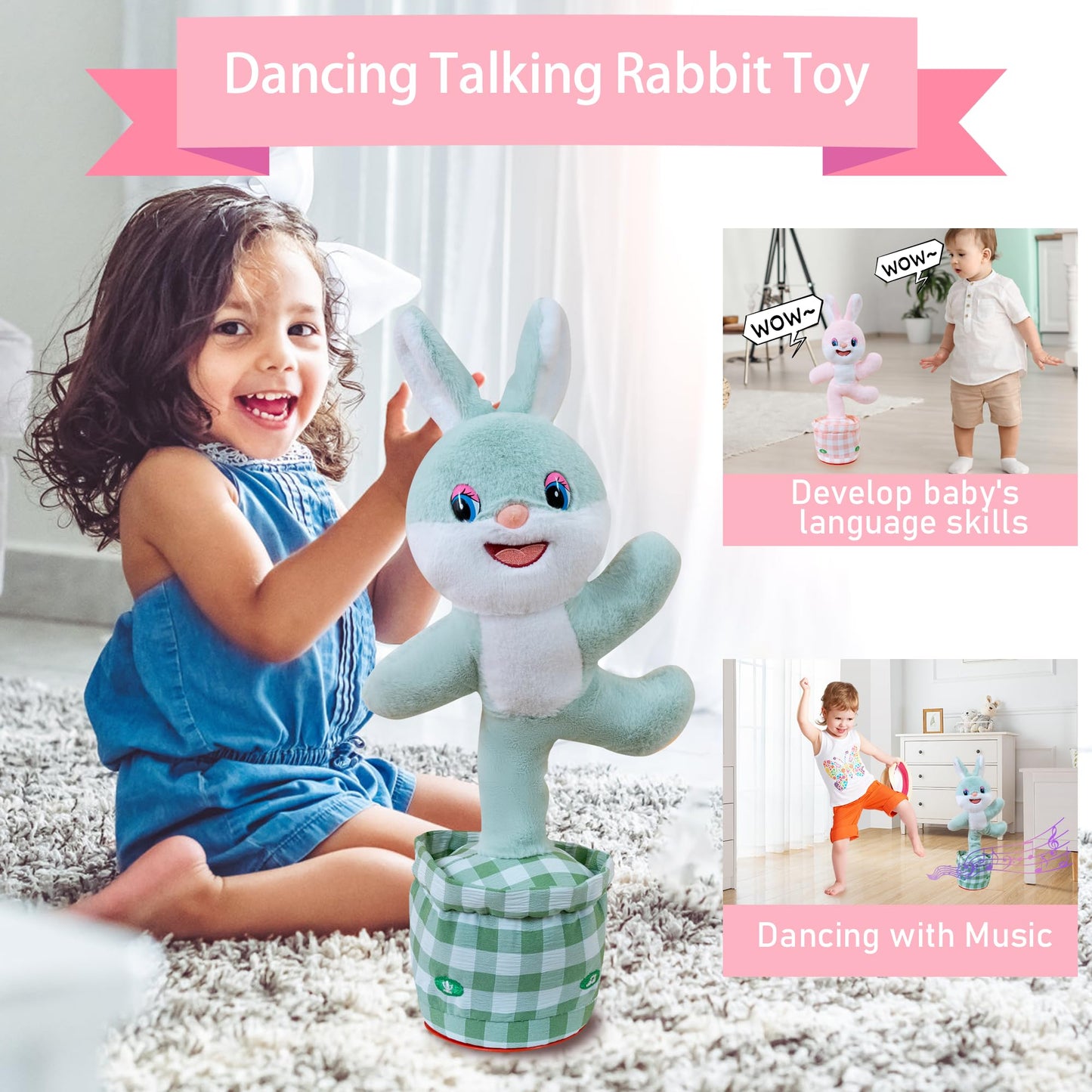 Talking Dancing Bunny Baby Toy for Kids Interactive Plush Toddlers Toys Talking Bunny Repeats What You Say Realistic Plush Educational Toy Teen Easter Bunny Basket stuffers Gifts Girls Boys Birthday