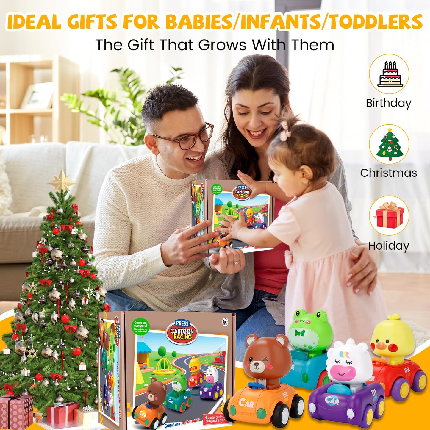 LBJGL Press and Go Car Toys for Toddlers 1-3, 4 Pack Friction Powered Baby Push Cars, Infant Play Vehicle Set for 6-9-12-18 Months, 1st Birthday Gifts for 1-2 Year Old Boys Girls