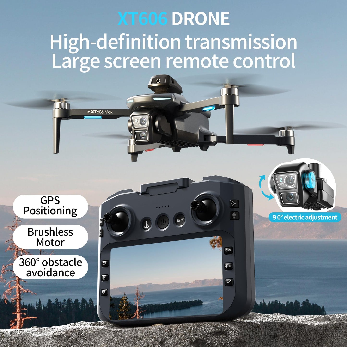 XT606 GPS Drone with camera for adults 4k, 4.3" HD Screen on Controller, 60 Mins Flight Time, Long Range Transmission, Follow Me, Auto Return, Brushless Motor, Obstacle Avoidance, Lightweight and Foldable Quadcopter for Beginner Birthday Gifts Toy