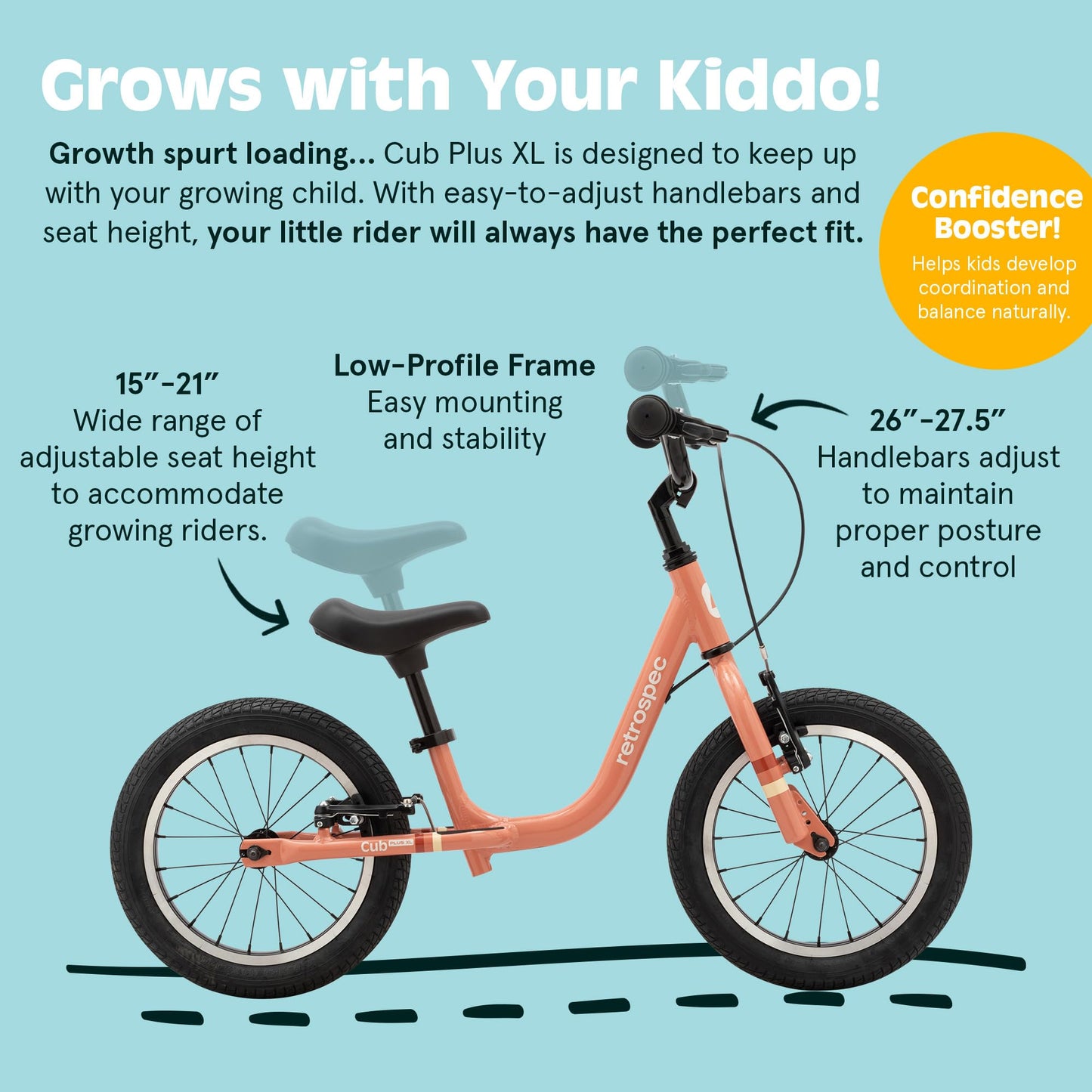 Retrospec Cub Plus XL Kids Balance Bike - 14in Outdoor Toddler Bike with Adjustable Height 15-21in - Lightweight Aluminum Frame & Hand Brakes for Ages 4-6 - Training with Air Tires
