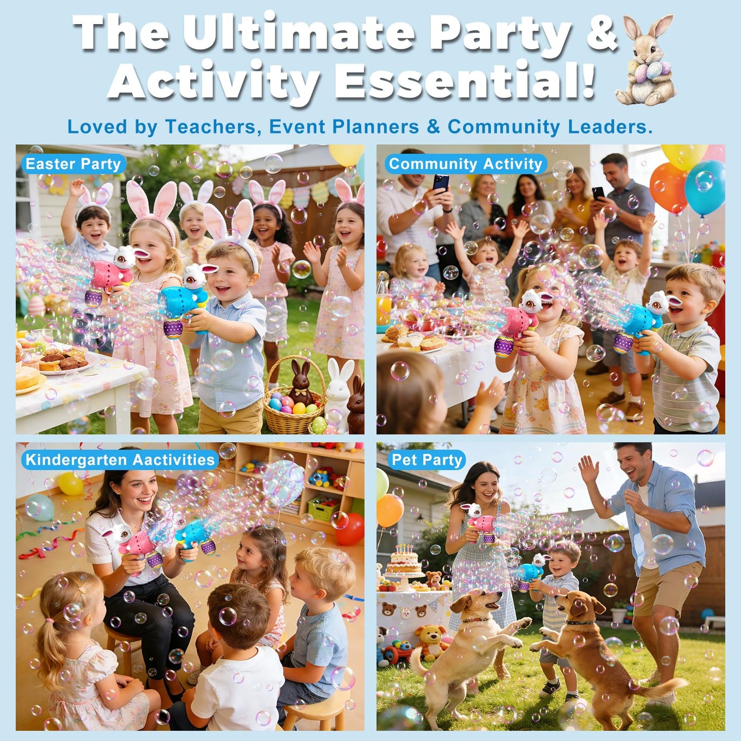 Easter Bubble Guns for Toddlers & Kids: Easter Basket Stuffers 2-Pack Bunny & Egg Themed - Leak-Proof Bubble Blaster Toys with Refill Solution - Perfect for Easter Egg Hunt & Outdoor Party