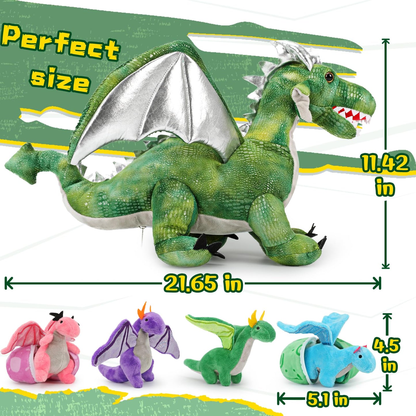 MorisMos 7PCS Green Dragon Stuffed Animal Set, 21 inch Big Mommy Stuffed Dragon Plush Toy with 4 Baby Dragons and 2 Eggs Inside, Stuffed Dinosaur Toy Gift for Kids, Boys Christmas, Birthday
