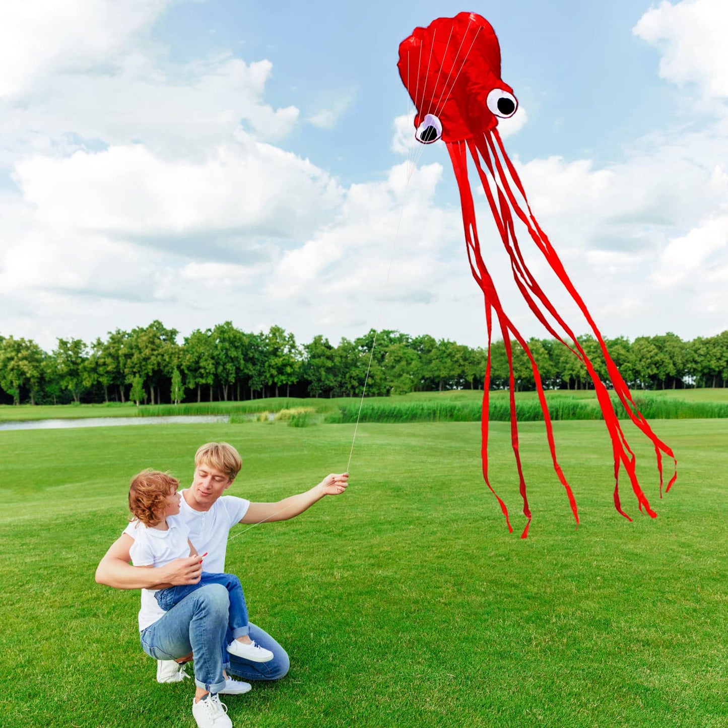 Hengda Kite Software Octopus Flyer Kite with Long Colorful Tail for Kids, 31-Inch Wide x 157-Inch Long, Large, Red
