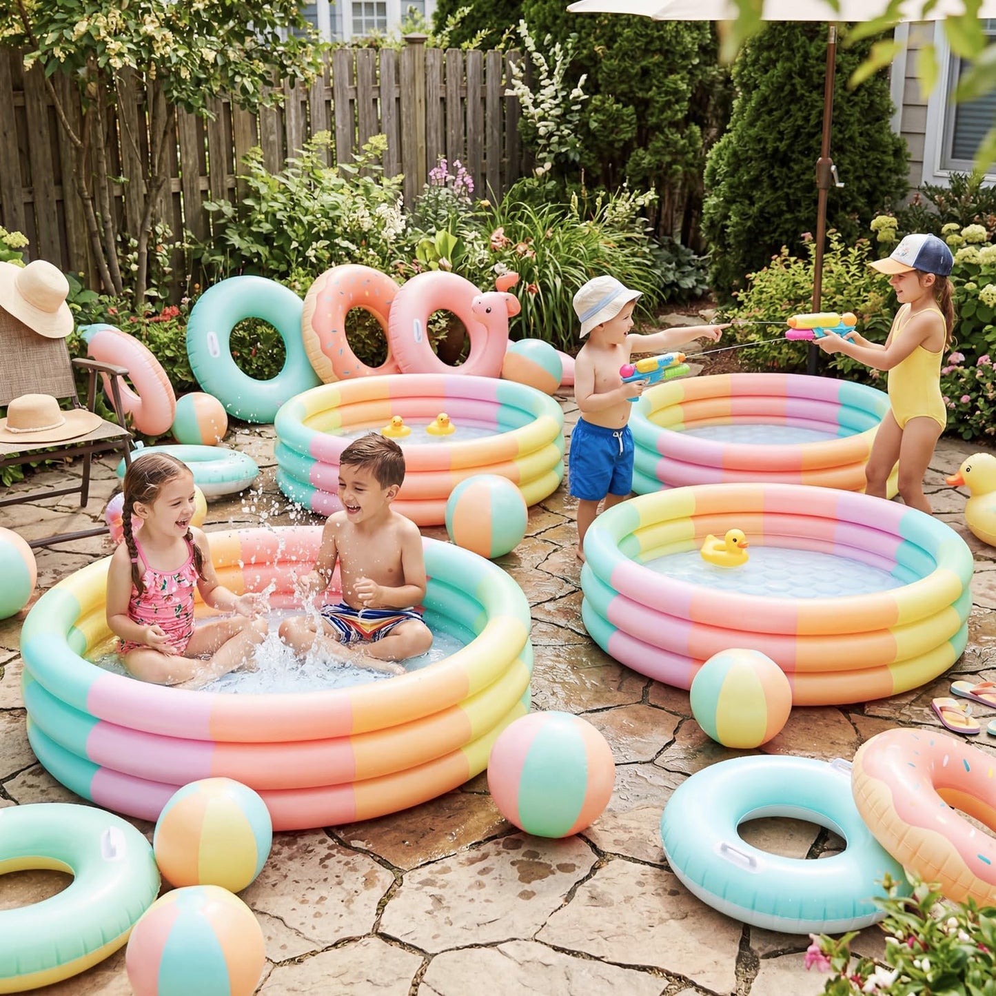VioraWhite 4 Pack Inflatable Kiddie Pool for Toddlers 34"x10" Pastel Blow up Kids Swimming Pool Small 3 Rings Round Baby Pools for Indoor Outdoor Water Game Play Center