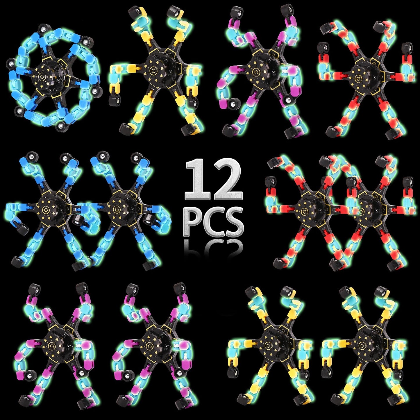 Easter Basket Stuffers for Kids, Transformable Fidget Spinners for Party Favors, Goodie Bag Stuffers, Classroom Prizes, Birthday Gifts, Stress Relief Sensory Toys for Boys & Girls (Glow 12PCS)