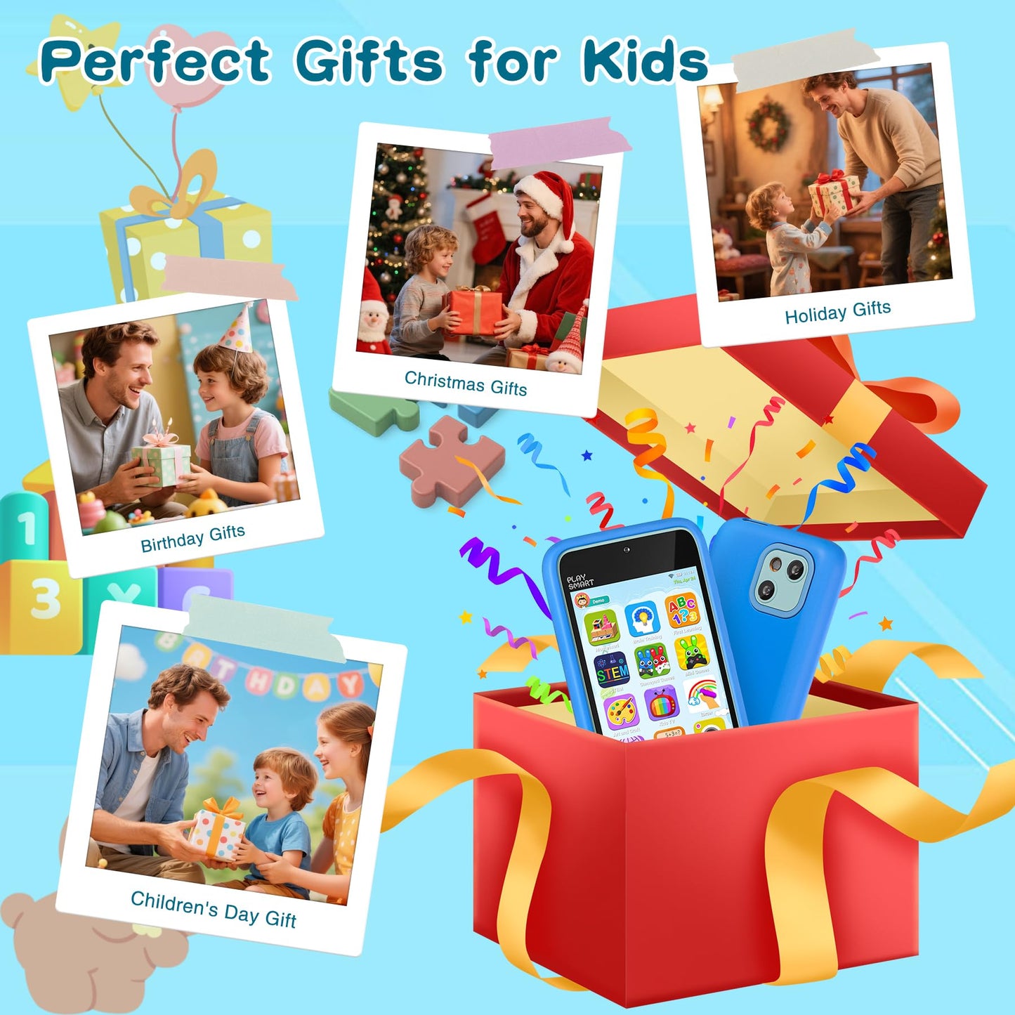 PAMOX Kids Toy Phones with Dual Camera, Learning Toys Phones Gifts for Kid 3-12 with 200+ Educational Puzzle Games, 4" Touchscreen Rechargeable Blue Child Smartphones with Parental Control