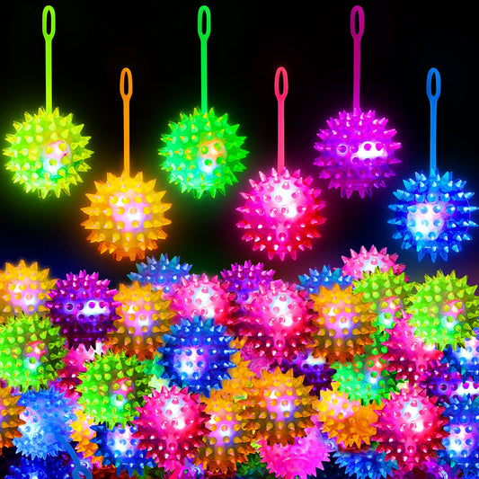 Leitee 36 Pieces Bouncy Balls Party Favor for Kid Light up LED Ball Bulk Glow in The Dark LED Flashing Light Spiky Toy on Rope Sensory Stress Relief Fidget Toy Rubber for Teen Adult Student