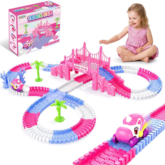 Race Car Tracks Toy Set for Girls Age 3-8, 214PCS Pink Princess Cars Toys with Monster Truck & Magic Bendable Train Tracks, Flexible DIY Raceway Set for Toddler Girls Christmas Birthday Gifts