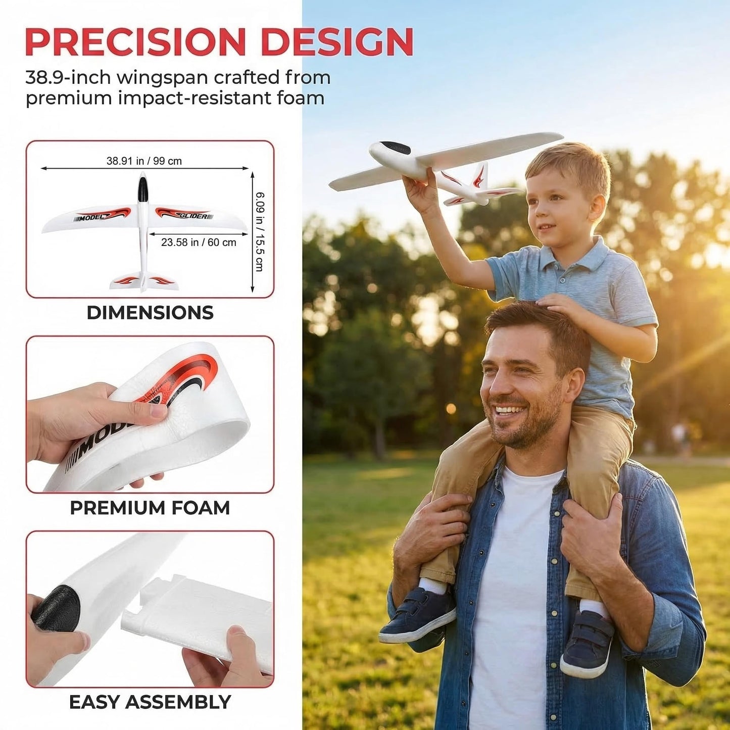 BESPORTBLE 2 Pack Kids Foam Airplane Toys 39 Inch Hand Throw Glider Planes for Outdoor Play and Hand-Eye Coordination
