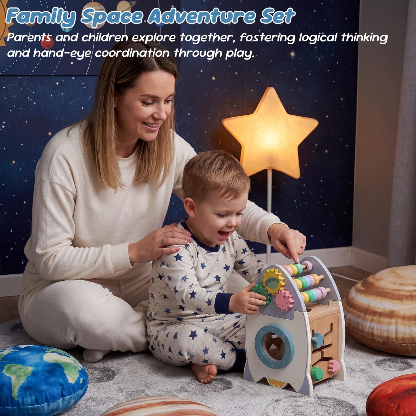 Wooden Space Toys for Baby, Wood Activity Cube Montessori Toys for 1 2 3 Years Old Boys Girls Birthday Gifts