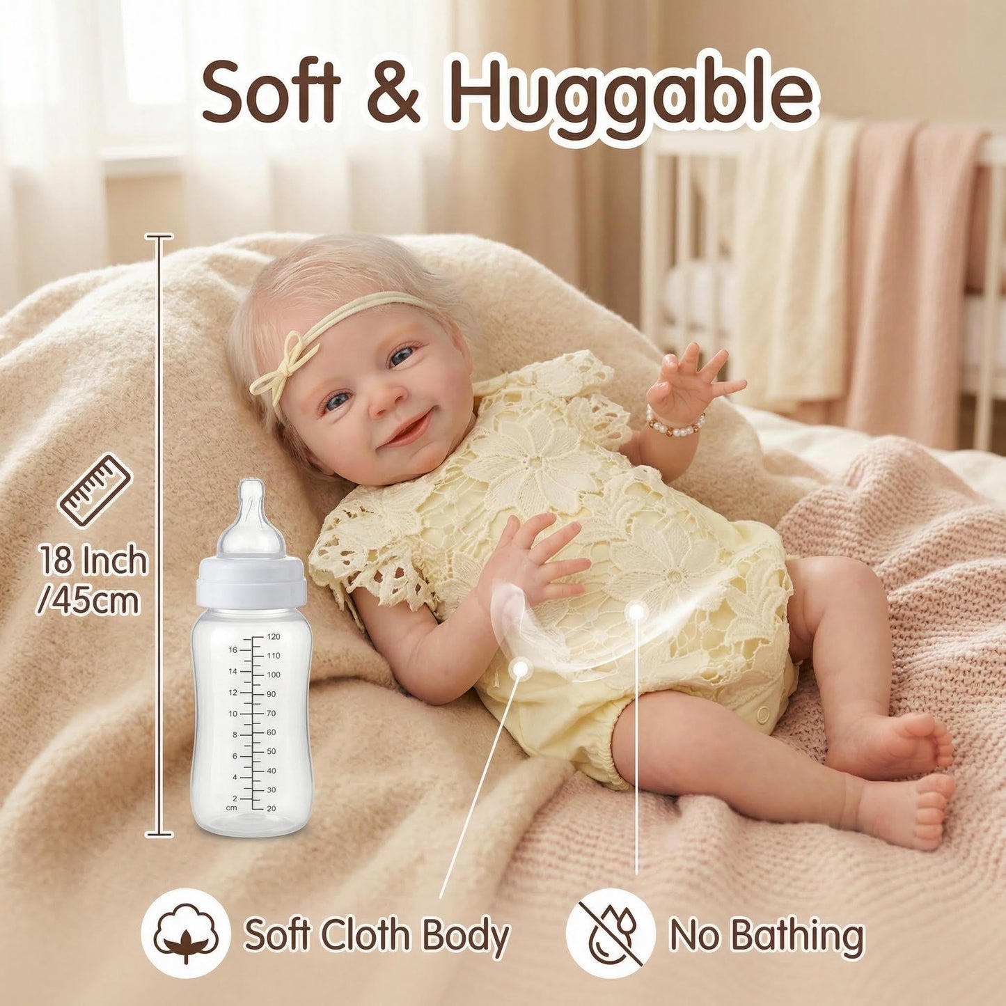 KAWAYII -18Inch Reborn Baby Dolls Realistic Cloth Body Girl Newborn Lifelike Baby Doll Blond Hair Dolls Toy Gifts for Kids Age 3+