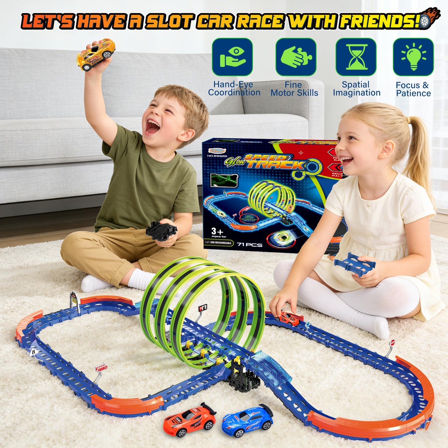 Glow Slot Car Race Track Set, 71 Pcs Glow-in-The-Dark Track Toy for Kids Ages 3-8, Electric Speed Car Light-Up Whole Tracks, 360° Magic Triple Loops, 1:64 Scale Pull-Back Cars, Toy Gift for Boys Girls