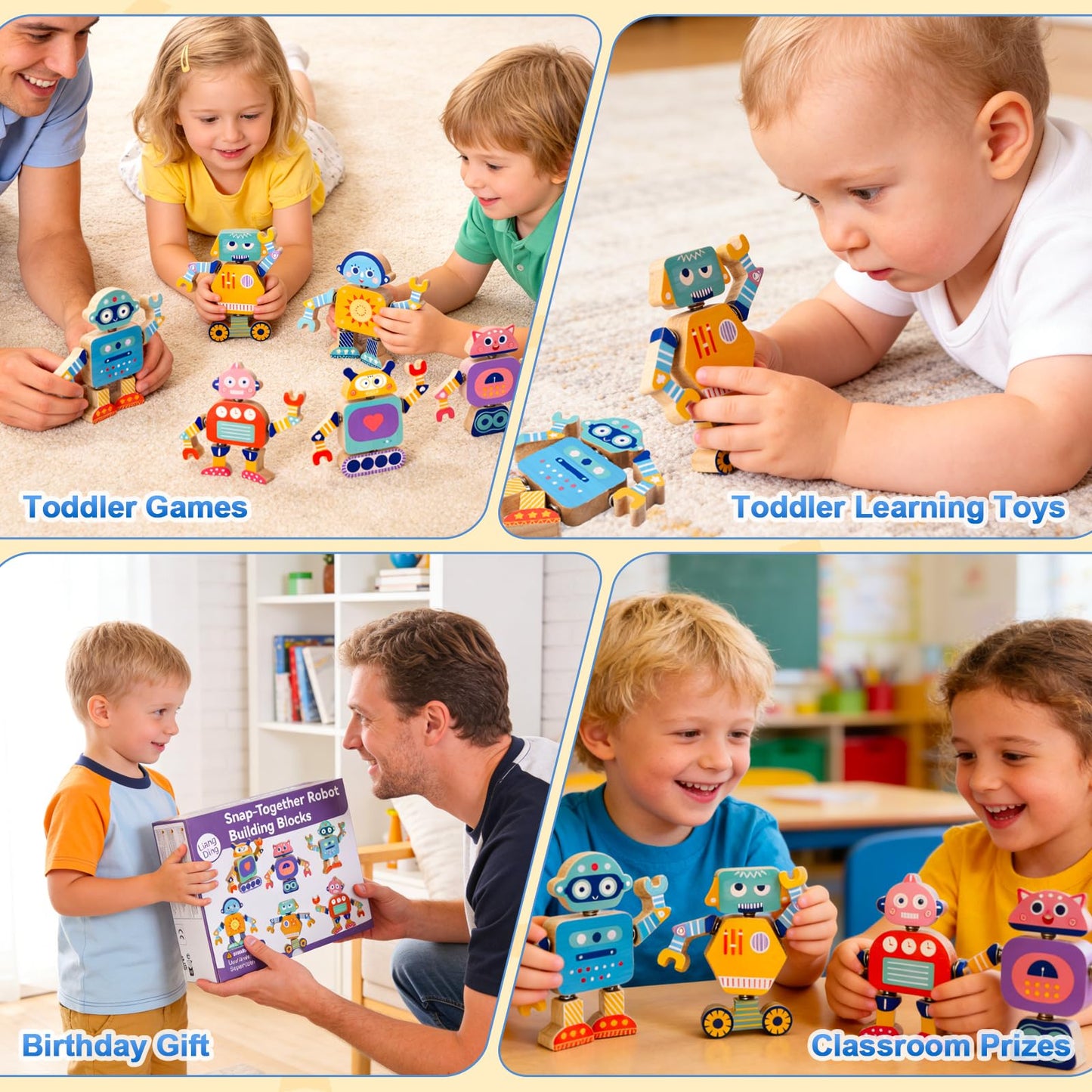 Wooden Snap-Together Robot Building Block Set, Montessori STEM Take-Apart Toy, 33-Piece Fine Motor Skills Learning Toy with Poseable Limbs for Different Robot Poses,for Kids Ages 3-6 with Storage Bag