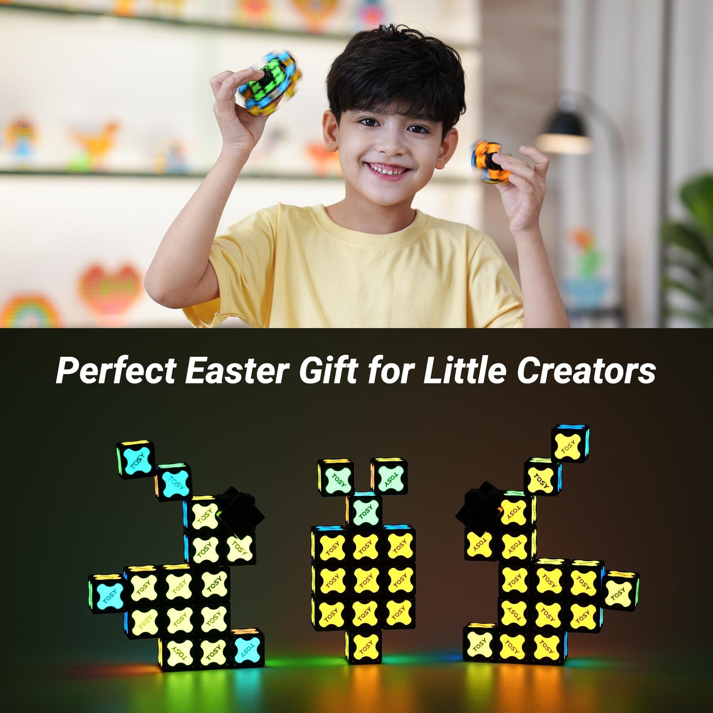 TOSY Magnet Fidget Spinner Glow - 16 Blocks, 3in1 Toy: Transformable Fidget Spinner, Infinity/Puzzle Cube, Easter Basket Stuffers Gift for Kids/Adults, Glowing STEM Sensory Stress Relief, 2-Pack