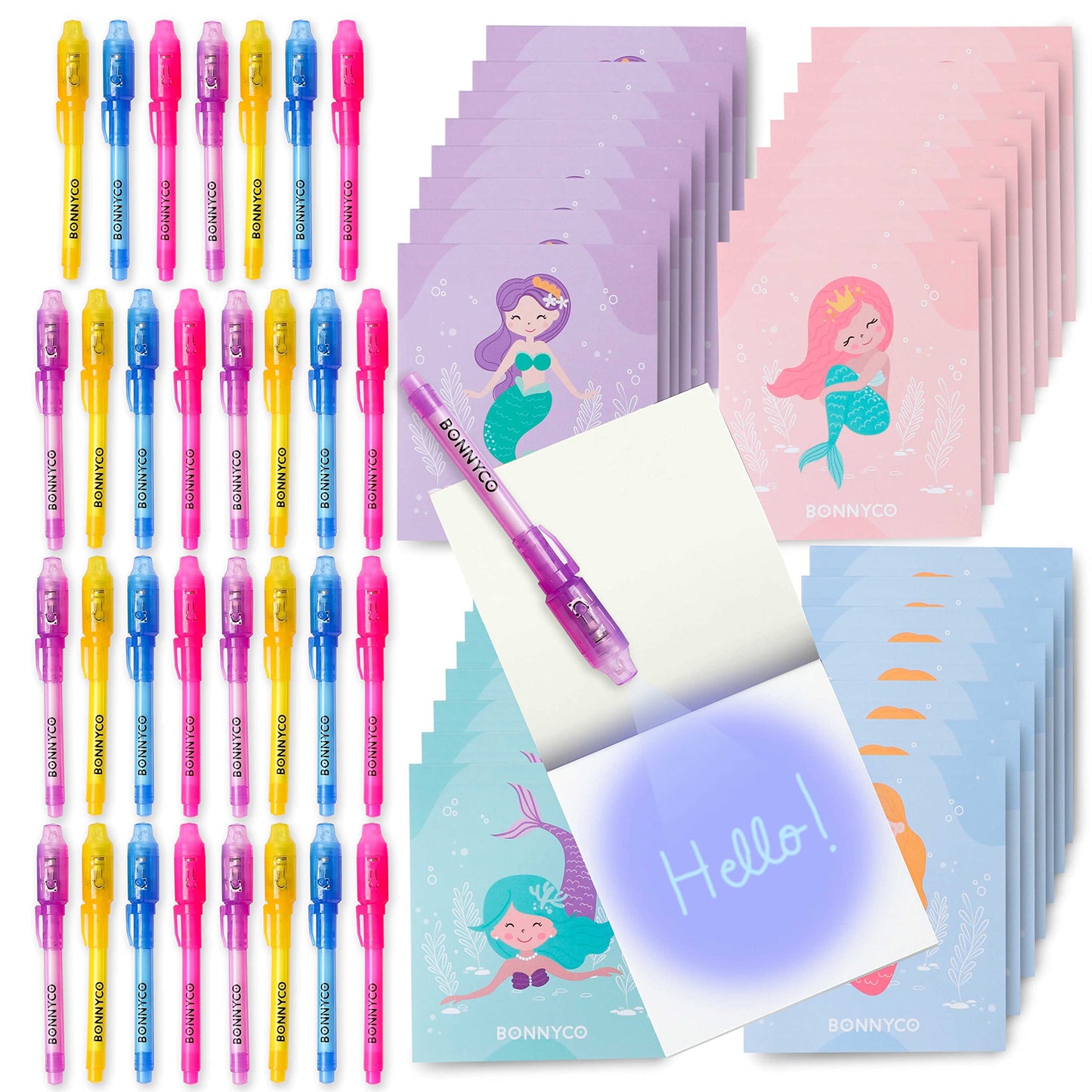 BONNYCO Invisible Ink Pen and Notebook Pack of 32 Mermaid Party Favors for Kids | Spy Pen Mermaid Party Supplies, Prizes for Kids | Magic Pen Birthday Party Favors, Prizes for Students