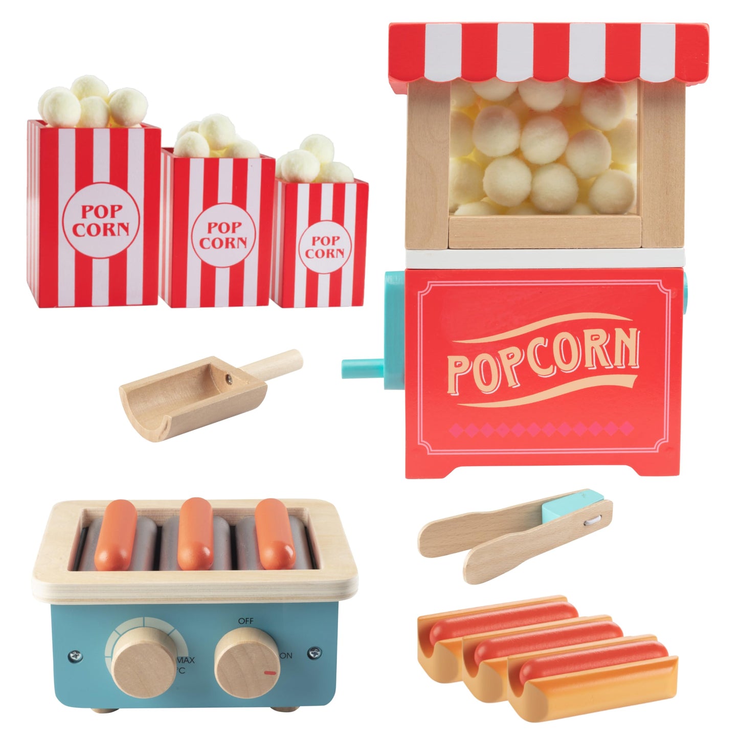 Movie Theatre Snack Bar Wooden Playset- Pretend Concession Stand Fun- Full Set w Popcorn Machine, Hot Dogs, Candy Bars, Sodas Cash Register, Credit Card- Kids Food Activity Center- Home or Daycare Toy