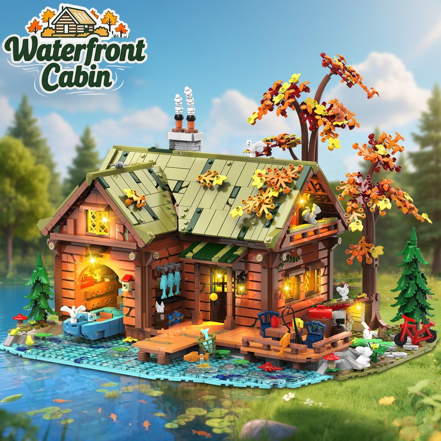 INSOON Overwater Cabin Mini Building Set with Light, 2423 PCS Wooden Forest House Building Block Toy with Boat Bike Animals, Home Decor Treehouse Construction Model Kit for Adults Teens Boys Girls 12+