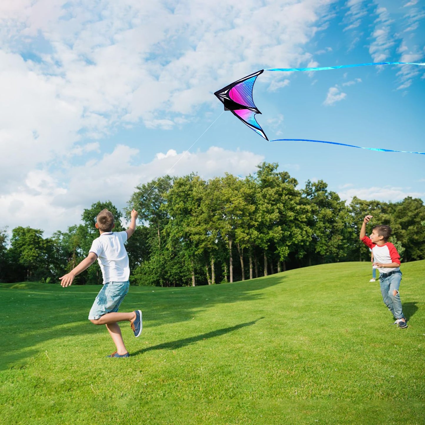 Flying Hoofer Large Beach Delta Kite for Adults and Kids Ages 4-8 & 8-12, Extremely Easy to Fly for Beginners(60X30''), Single Line Kite,Comes with 300 FT String Kite Handle.(Blue)
