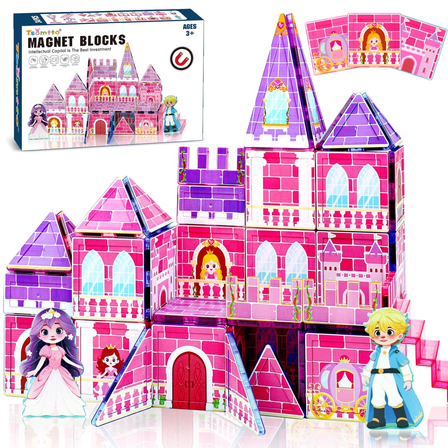 Tsomtto Magnetic Tiles for Girls - Princess Magnetic Blocks Building Toys for Kids Ages 3-5 4-8 Toddler STEM Educational Learning Sensory Toys for 3 4 5 6 7 8 9+ Year Old Boys Girls Birthday Gifts