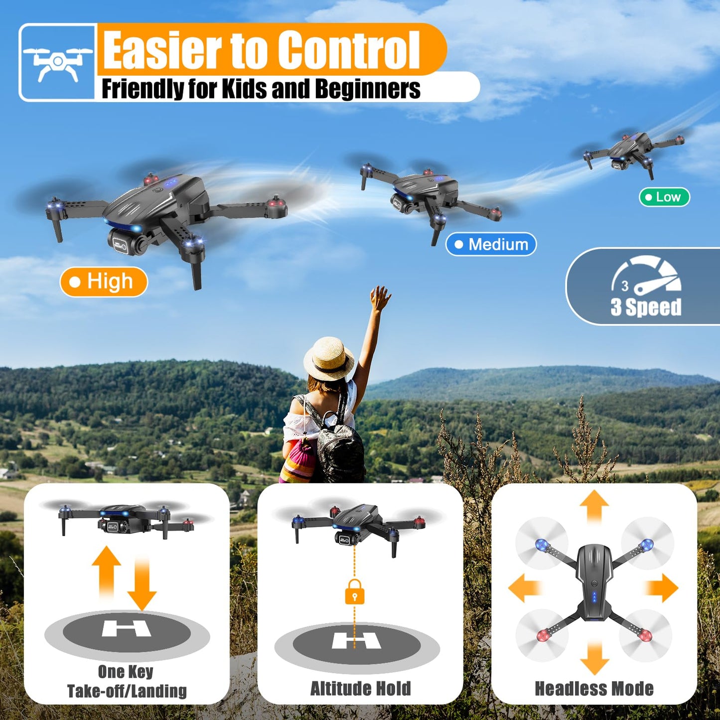 X-shop Drone with 1080P Camera for Kids Adults, Foldable RC Quadcopter with One Key Take Off/Land, Gesture Selfie, 3D Flip, 2 Batteries, Carrying Case, Toy Gift for Beginners