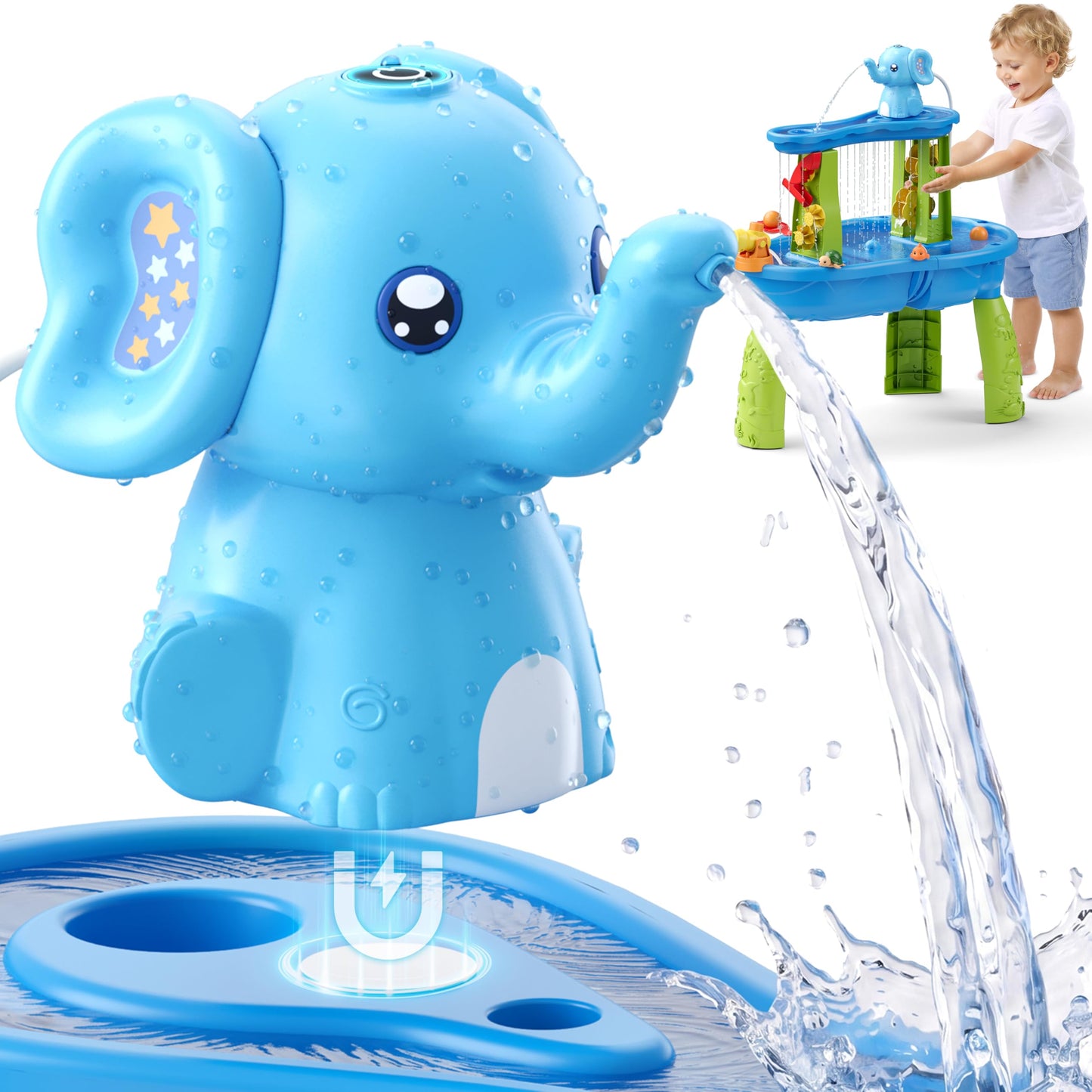 HYES Water Table Pump, Rechargeable Cordless Pump with Magnetic, Elephant Water Pump Continuous Flow, Non-Stop Summer Outdoor Outside Backyard Fun Toys Gifts for Toddlers Kids, Blue