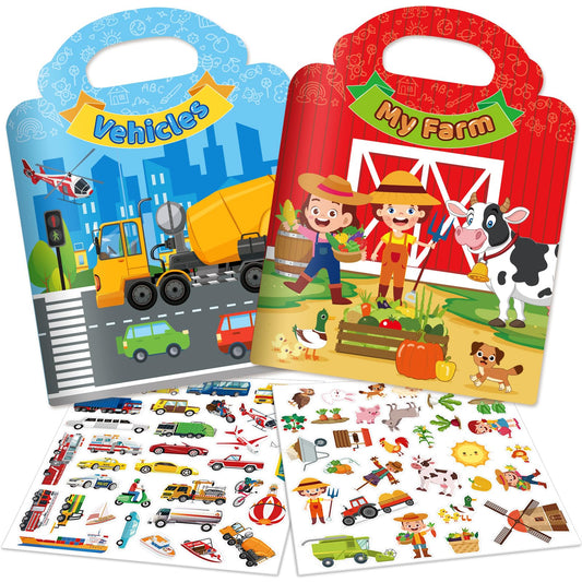 2 Sets Reusable Sticker Books for Toddler 1-3, Activity Books for Toddlers 2-4, Arts Crafts Jelly Stickers Travel Toys for Kids 3-5, Holiday and Birthday Gifts Easter Basket Stuffers for Boys Girls