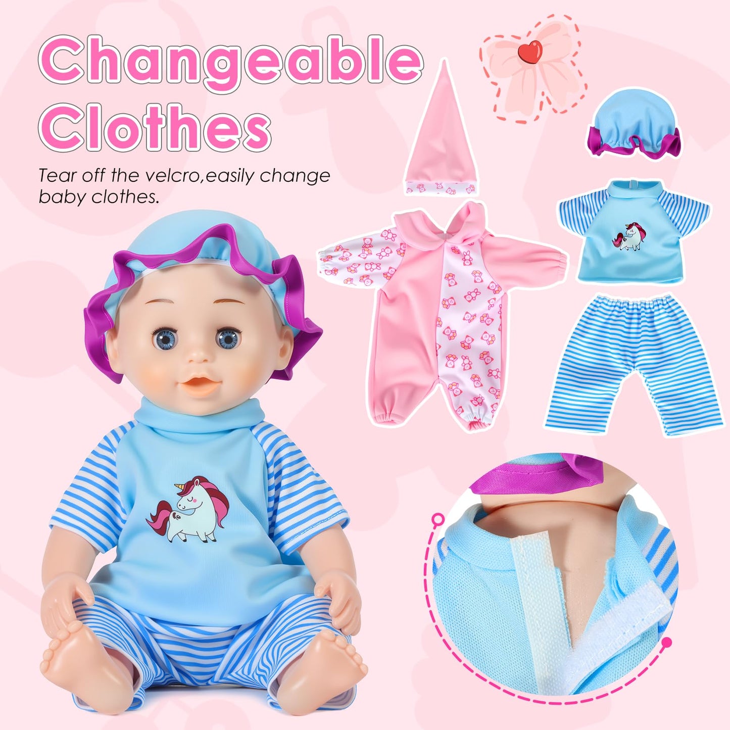 HUITEM Baby Doll Stroller Toys Set, 17 PCS Baby Doll Accessories Stroller Toys with Baby Dolls,2 Sets Doll Clothes, Playpen, Handbag, Feeding Nursery Pretend Play Gifts for Girls Toddlers 3 4 5