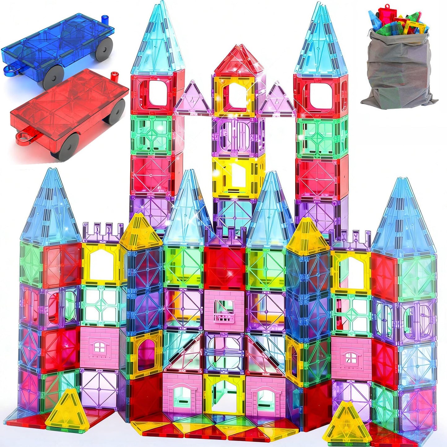 HAPPYMATY Upgraded Antibacterial Magnetic Tiles - 106 PCS Magnet Building Tiles with 2 Cars for Kids, Inhibits Bacterial Growth for Safe Play, 3D STEM Educational Construction Blocks & Xmas Gift