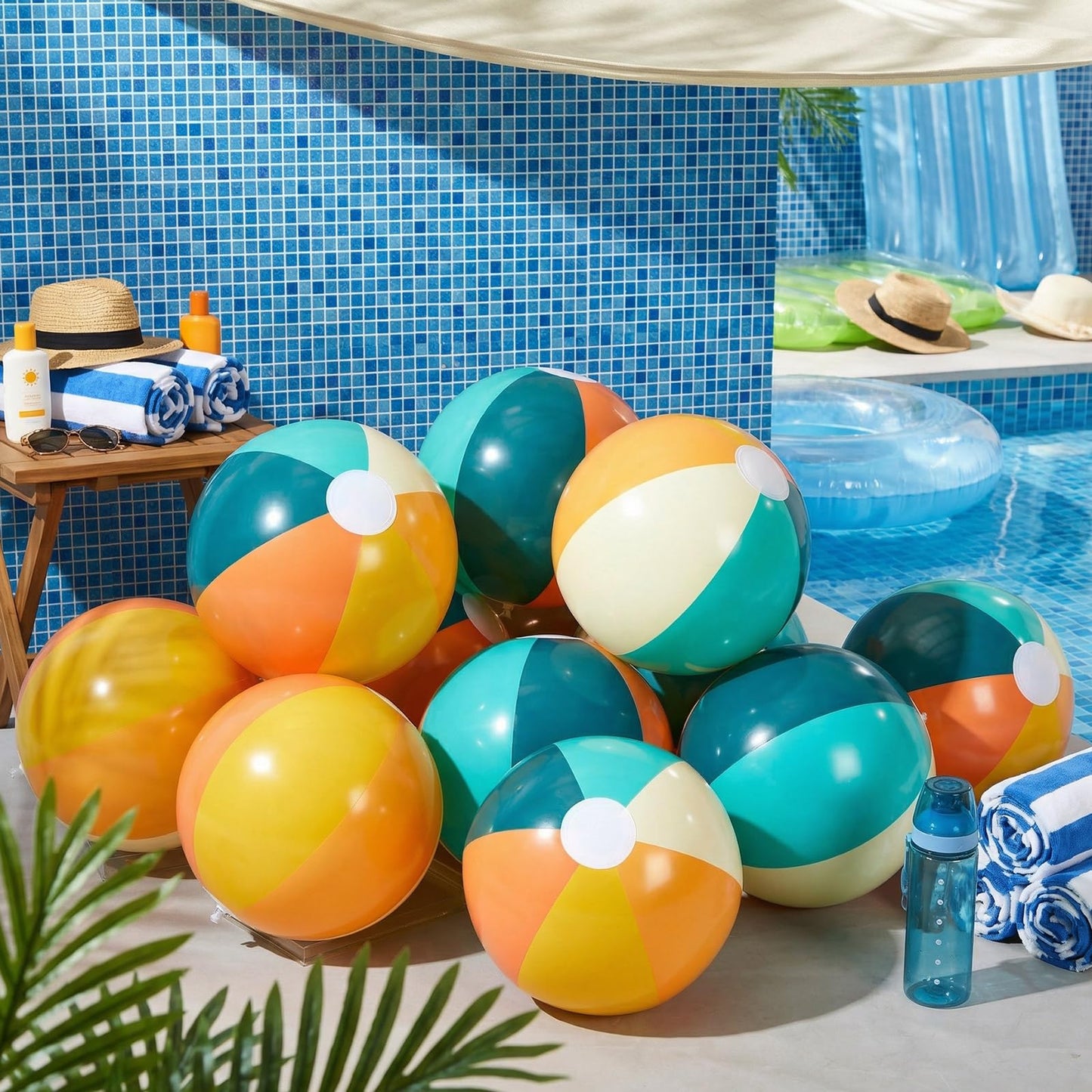 MiniInflat 12 Pcs Inflatable Beach Balls Bulk for Kids Orange Green Tropical Jumbo Big Stripe Beach Balls Water Games Summer Swimming Luau Baby Shower Birthday Party Decor Favors (16 Inch)
