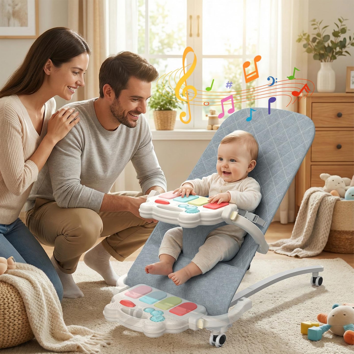 Gryvoth Portable Baby Bouncer Seat 0-18 Months,Detachable Piano & Hanging Toys,3-Level Recline (Rock/Fix),Foldable with Quiet Wheels,Baby Shower