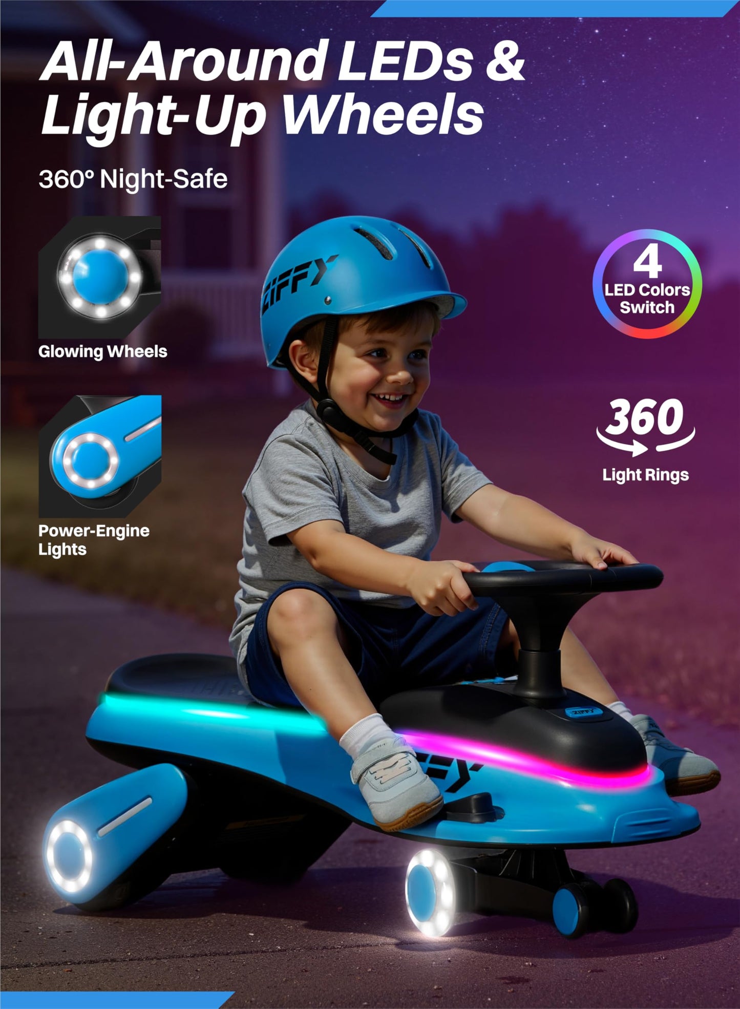 JOVA ZIFFY 45W 5.5A Light-Up Electric Wiggle Car with Pedal, Rechargeable Battery, 2-in-1 Swing Car, 2 Speed Ride-On Toy, Anti-Rollover, Flashing Wheels for Ages 3+ (Up to 110 lbs)