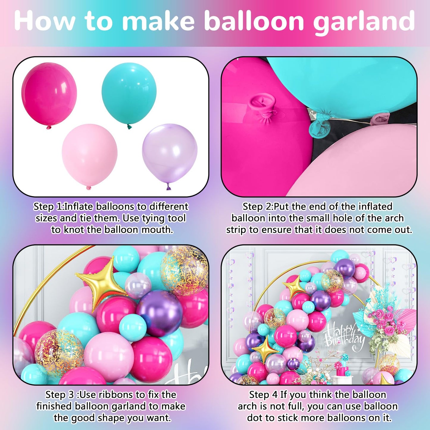 HILAVO Pink Purple Blue Balloon Arch Kit Teal Hot Pink Metallic Purple Party Latex Balloon Garland with Confetti and Star Foil Balloons for Girls Princess Birthday Baby Shower Neon Party Decorations