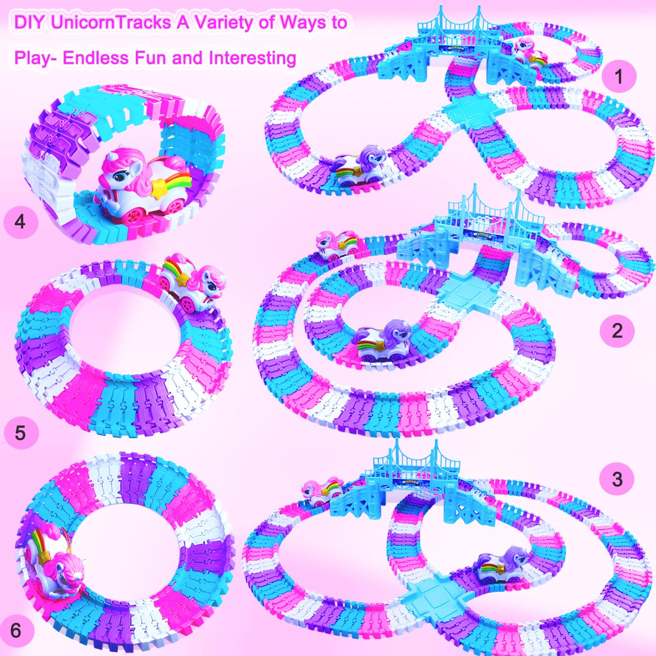 Tracks Car Toys Set for 2 3 4 5 6 7 Year Girl Toddler, 248 PCS Pink Magic Bendable Race Track Toy with 1Unicorn Car Toy and 1 Pink Train, Birthday Gift Idea for Kid