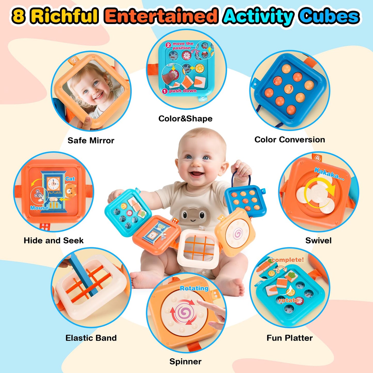 Flwedora Busy Board Toys for 1 Year Old Toddlers, Montessori Sensory Travel Toys for Airplane Car, Baby Learning Toy Gift for 1 Year Old Boy Girl & Activity Cube (Easter Stocking Stuffer, Birthday)
