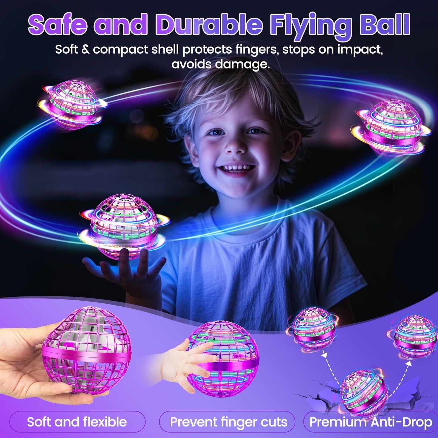 NWLAEWR Flying Orb Ball Toy, 2026 Upgrade Hand Controlled Hover Ball with LED Lights,360° Rotating Boomerang Globe Cool Mini Drone, Ideal Birthday&Christmas Gift for Boys Girls-Bright Purple