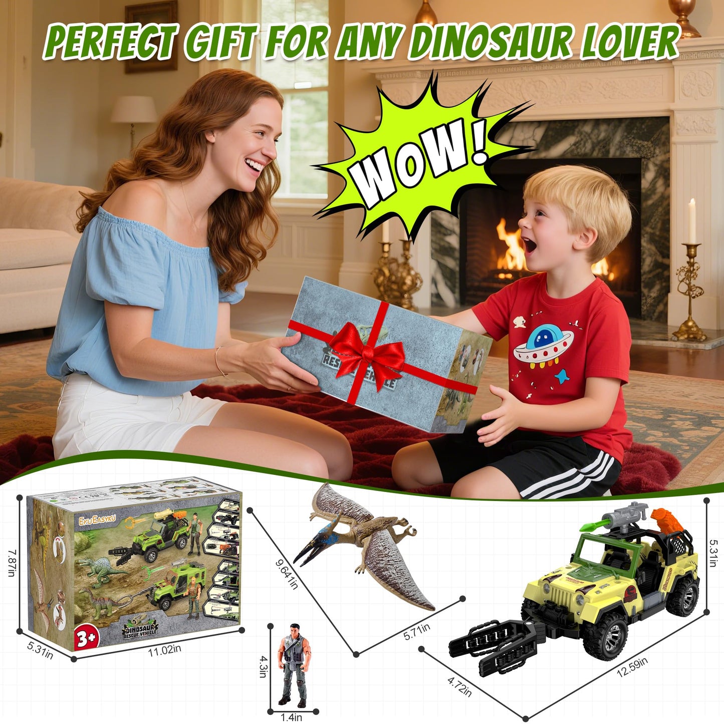EKU Dinosaur Toys Truck with Human, 10 Realistic Sounds, 15ft Launch, Capture Net, Clamp, Wing Flapping Quetzalcoatlus Dino for Jurassic World Role Play Adventure Rescue Set Birthday Gift for Kids 3+