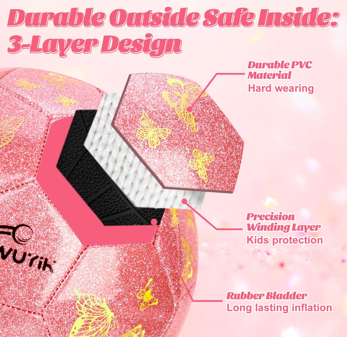 Kids Soccer Goal Set with Size 2 Pink Glitter Butterfly Soccer Ball and Pump 2x1.5ft Portable Butterfly Print Soccer Nets for Toddlers Ages 3-5 Indoor Outdoor Backyard Training Gift Boys Girls