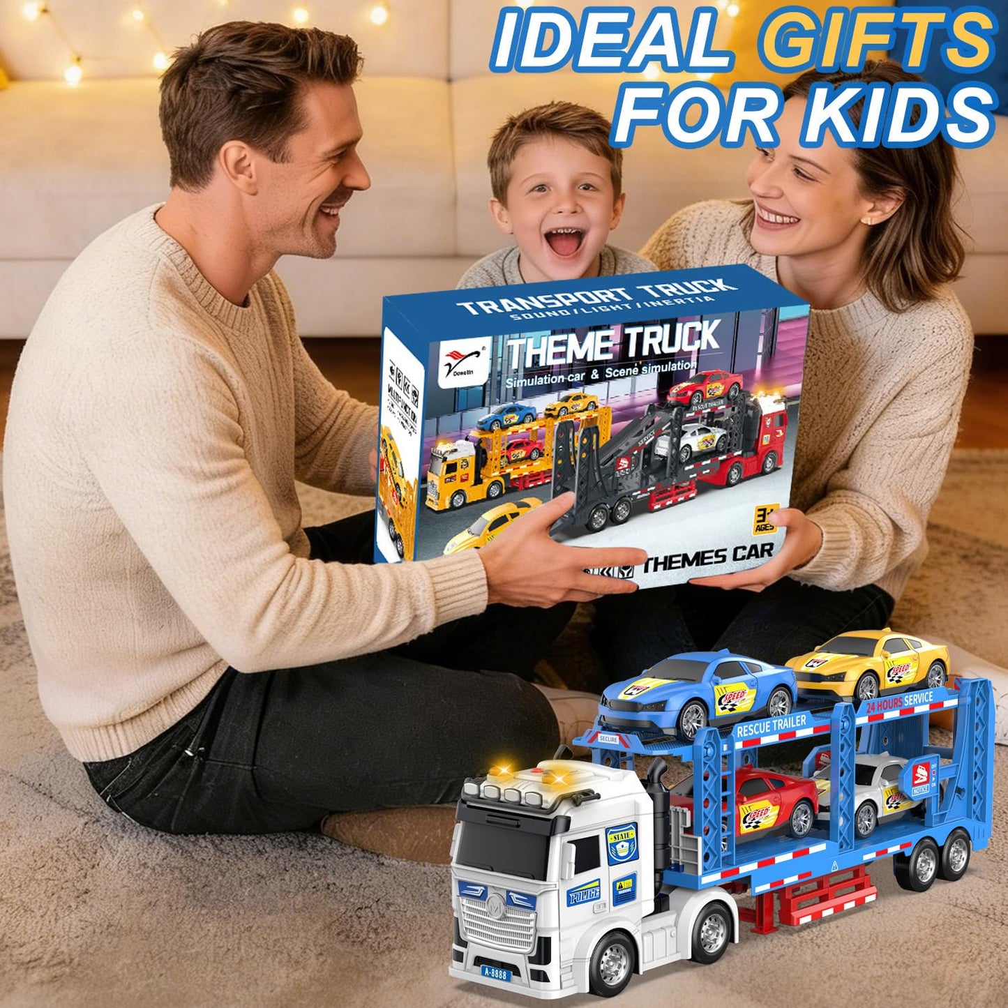 DOWELLIN Carrier Truck Race Car Toys for 3 4 5 6 7 Years Kids, 21.5" Friction Powered Double Layer Semi Transport Truck Toy with 4 Racing Cars, Lights&Sounds Vehical Toys, Xmas Gift for Boy Girl-Blue