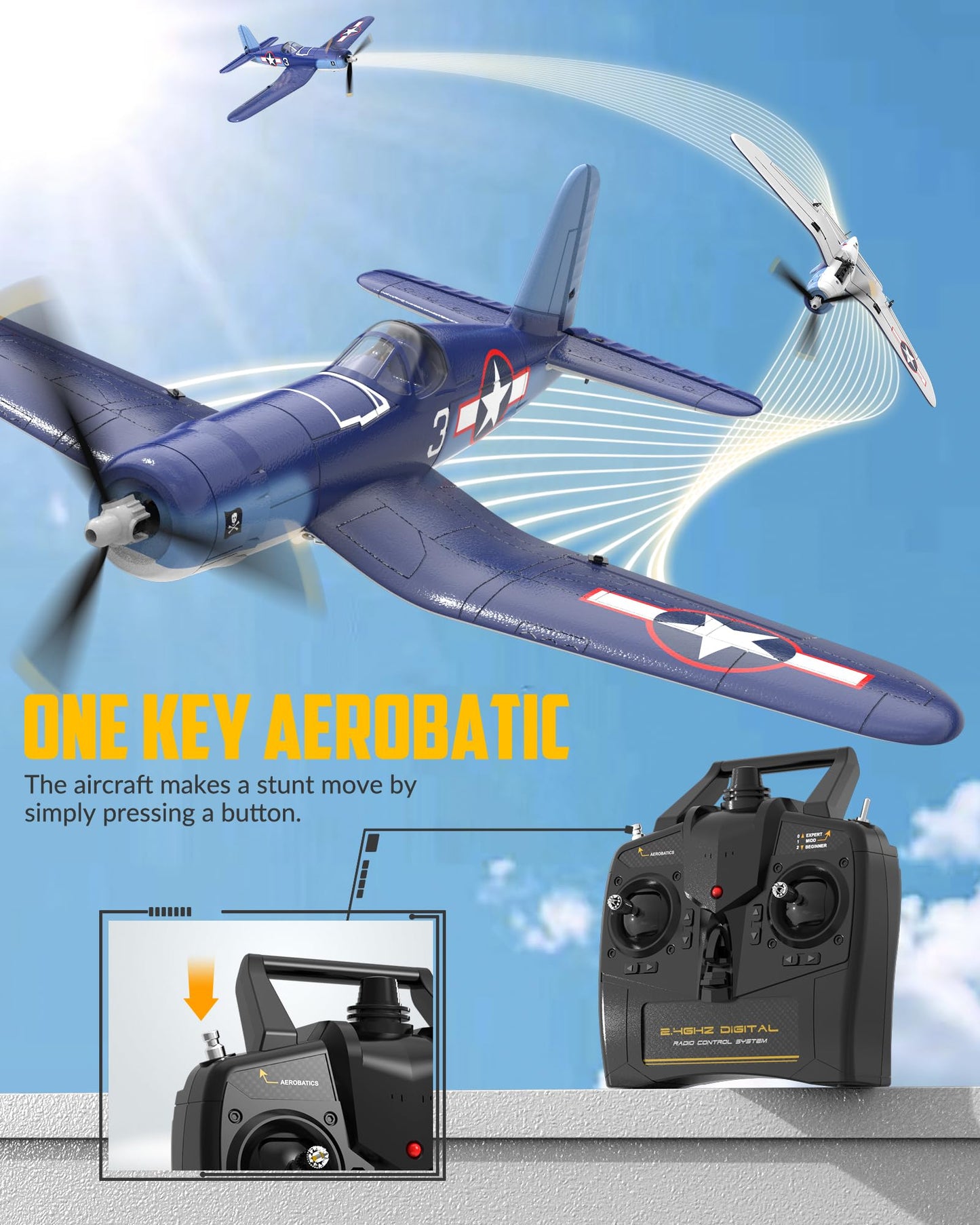 volantexrc RC Plane for Beginners, 4CH WWII RC Airplane F4U Corsair with Aileron, 2.4Ghz Remote Control Plane with Xpilot Self Righting & One Key Aerobatic & Upgraded Canopy (761-8V2 RTF)