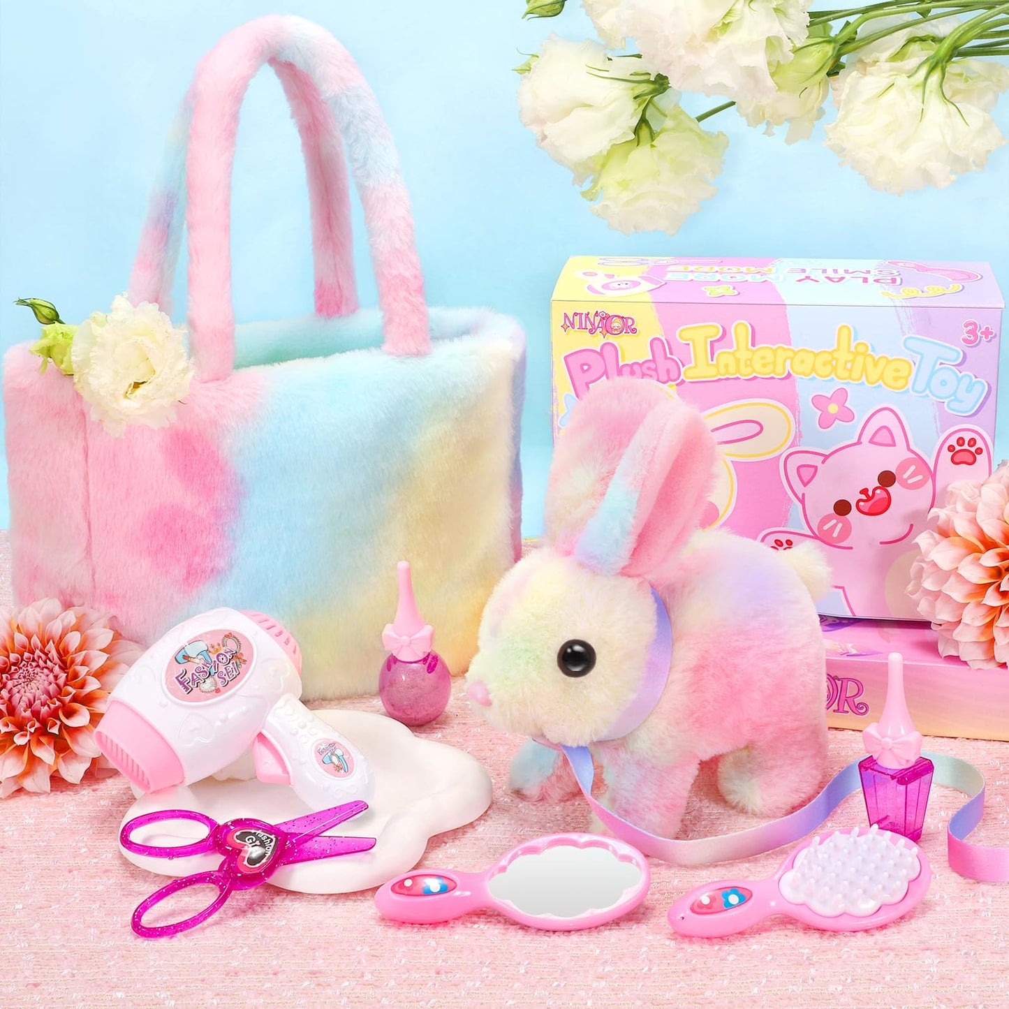 NINAOR Plush Interactive Bunny Toys for Kids with Tote Bags,Stuffed Robot Pet Rabbit with Leash Hopping Wiggle Ears Pretend Play,Realistic Cute Fidget Toys for Toddler Stocking Stuffers Birthday Gifts