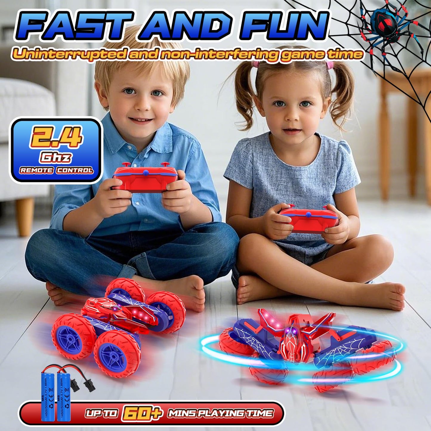 SOGAWEBB Spider Remote Control Cars for Boys 4-7, 360° Spinning RC Stunt Car with 2 Batteries Cool Lights Toys Birthday Gift for Boys 4 5 6 7 8 9 10 11 12 Year Old